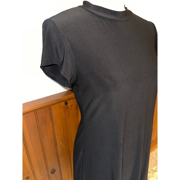 Womens Annalee + Hope Black High Neck Short Sleeve Slinky Spandex Midi Dress S - Picture 2 of 6